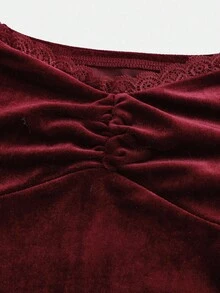 Girlism Tween Girls Sweetheart Neckline Ruffle Bust Pleated Flare Sleeve Velvet Autumn Dress, Winter, Y2K, Red - Burgundy - View 3