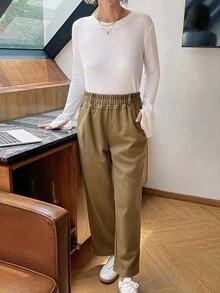 Livesso Simple Casual Solid Color Elastic Waist Straight Leg Pants - Khaki - View 5