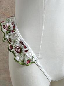 Plus Size Women Strawberry Embroidery Mesh Bow Decor Sexy Camisole Bodysuit Lingerie  Cozy And Elegant Details - White - View 4