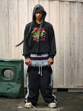 TEENAGE MUTANT NINJA TURTLES X ROMWE sweat-shirt à capuche vintage lavé avec imprimé tortue pour hommes