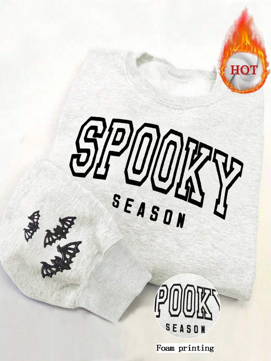 INAWLY Plus Size Halloween Puff Sleeve Sweatshirt, Horror Season Round Neck Sweatshirt, Women Round Neck Bubble Print Halloween Pattern Sweatshirt - Light Grey - View 1