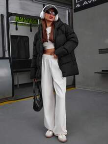 EURMUSE Einfarbiger, reißverschlussbestückter, gepolsterter Mantel mit Kapuze und langen Ärmeln, Winter - Schwarz - Übersicht 6