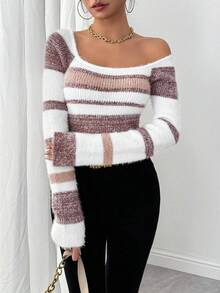 EMERY ROSE Women's Striped Square Neck Raglan Sleeve Fitted Pullover Sweater, Autumn - Multicolor - View 5