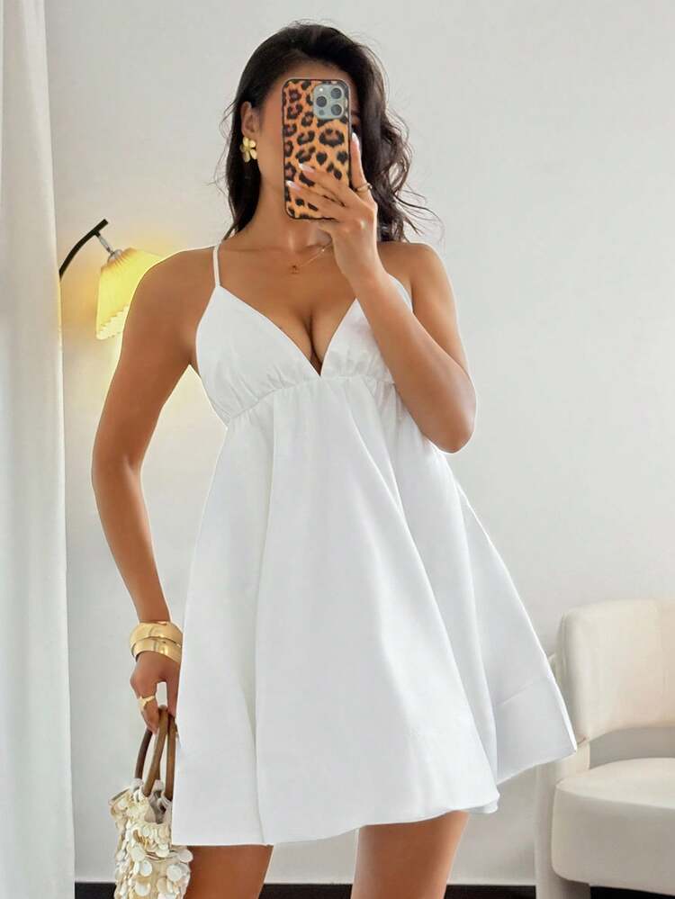 Women's Solid Color Fashionable Sexy Short Suspender Puff Dress Sundress