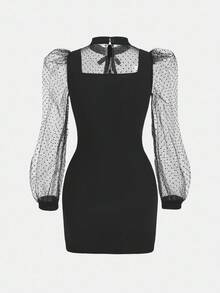 Pitira Tween Girls Black Polka Dot Mesh Puff Sleeve Party Dress - Black - View 6