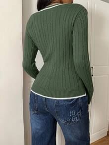 SHEIN EZwear 女式 V 领扭纹休闲修身长袖套头衫 - 軍綠色 - 查看 2