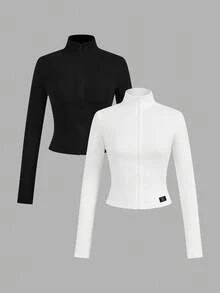 SHEIN EZwear 2pcs Versatile Fitted White & Black Knit Yoga Fitness Activewear, Letter Embroidery Graphic Zip-Up Long Sleeve T-Shirt, Chic For Autumn/Winter - Multicolor - View 11