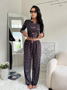 SHEIN 女士罗纹荷叶边心形印花长袖睡衣套装，修身蝴蝶结睡衣，浪漫家居服，秋季服装 - 黑色 - 查看 7