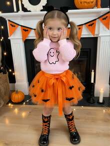 SHEIN Vintaside Kids 女婴万圣节休闲紫色毛衣，带有幽灵和花卉图案，柔软舒适，适合日常、郊游、旅行、度假、居家、日托、玩耍、派对、万圣节 - 粉色 - 查看 7