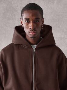 SUMWON 短款全拉链连帽卫衣，正面拉链，复古基本款休闲连帽衫，秋冬抽绳套头衫，经典款式 - 巧克力棕 - 查看 5