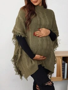 SHEIN Suéter holgado de maternidad con diseño de flecos, mangas de murciélago y cuello de tortuga con patrón de cable, otoño - Verde militar - Ver 4