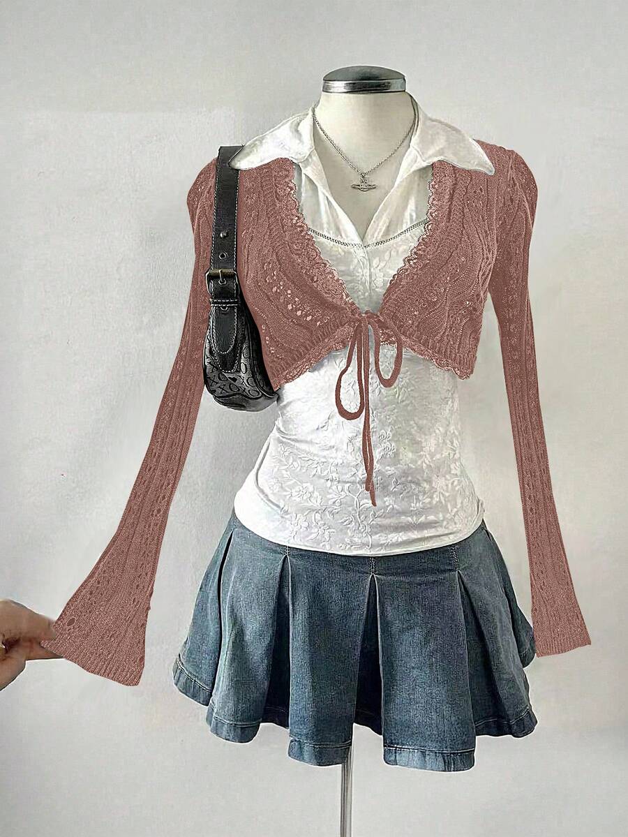 Celisse Áo khoác cardigan mỏng tay loe buộc ren phía trước màu trơn tối giản cho nữ - Hồng - Xem 1