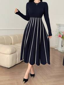 DAZY 女式优雅拼色条纹毛衣裙，秋季 - 藏蓝色 - 查看 6