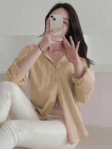 DAZY 女士休闲宽松纯色长袖衬衫，春秋装，秋季女装 - 卡其色 - 查看 6