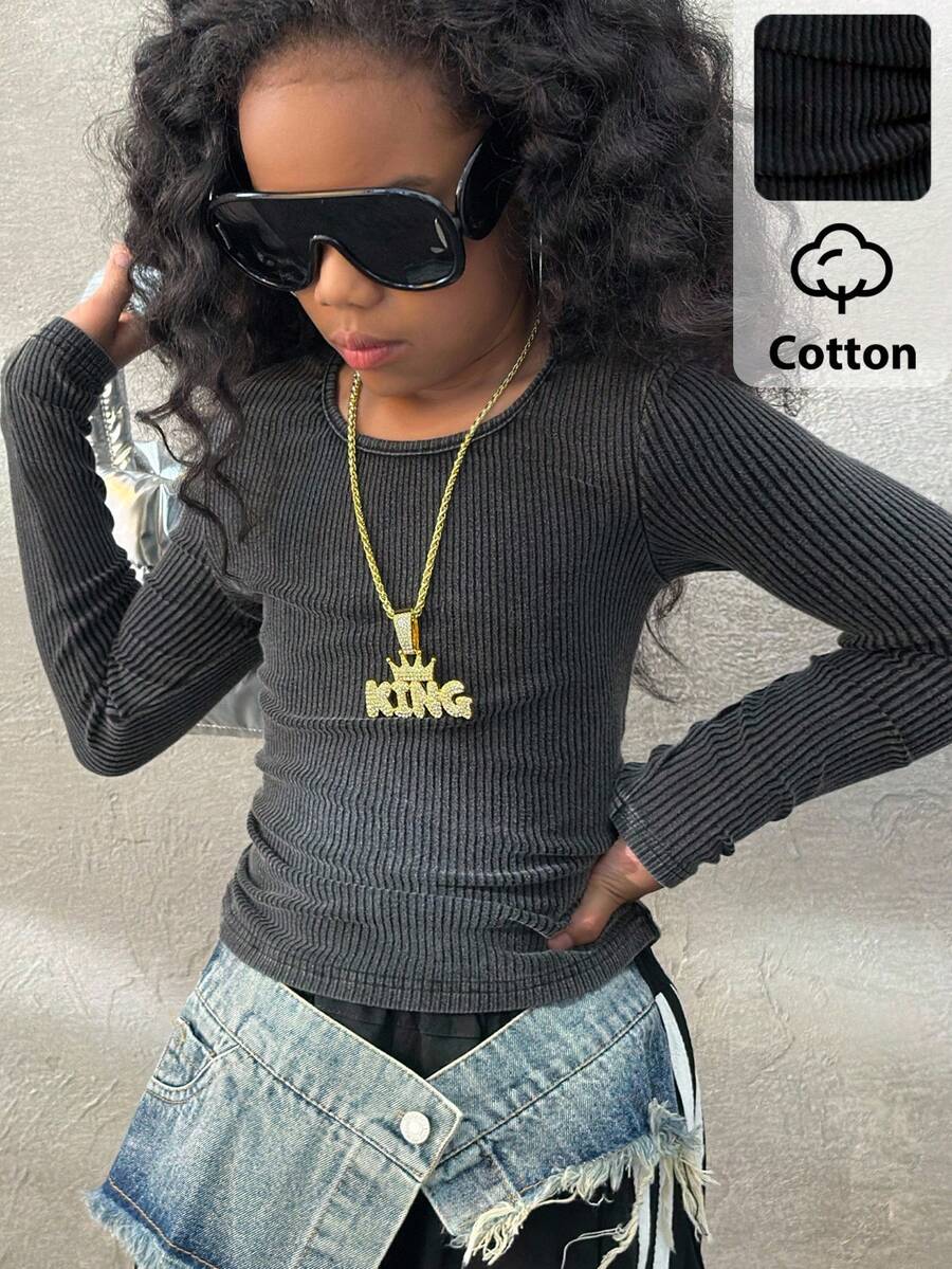 Coolane Kids 少女秋季街头风纯棉长袖修身水洗T恤，休闲运动日常必备单品，适合万圣节、圣诞节等冬季穿着。 - 黑色 - 查看 1