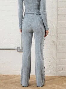 COUREZ 喇叭形针织裤，带荷叶边细节 / Y2K 出门穿搭 秋季女装 秋装 冬装 灰色裤子 灰色慢跑裤 - 藍色 - 查看 3