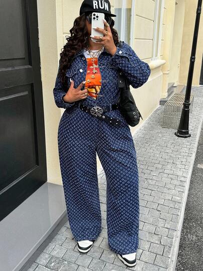 Jeanoix 大码女式时尚休闲街头时尚全印花翻盖口袋连体裤