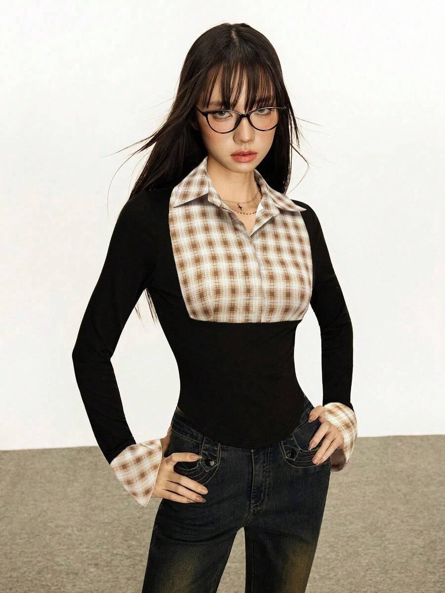 INAWLY 女式休闲格子拼布喇叭袖衬衫,秋季 - 棕色 - 查看 1
