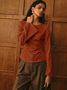 Poéselle Women's Casual Solid Color Bell Sleeve Boat Neck Blouse - Rust Brown - View 7