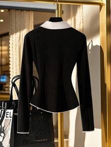 Franclia Women's Fashion 2 In 1 Decorative Button Front T-Shirt - Black - View 2