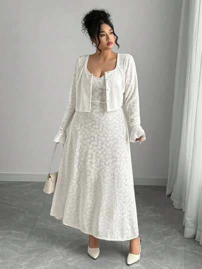 Elenzga 加大码两件套：针织蕾丝弹力提花吊带裙长裙 + 修身复古法式优雅喇叭袖开衫毛衣套装（女款）