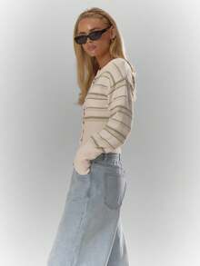 MUSERA Knit Striped Cinched Waist Longline Cropped Cardigan Fall Autumn Cosy Cute Casual Coffee Club Winter  Elegant Evening Party Winter  Spring Sweater - Multicolor - View 4