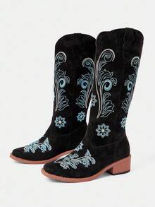 Styleloop Women's Tall Over-The-Knee Printed Block Heel Riding Boots, Suitable For Halloween, Christmas, Party Outfits, Cowboy Boots - Black - View 2