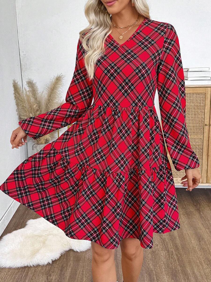 EMERY ROSE Váy dài vừa phải, tay bồng, cổ chữ V, họa tiết kẻ caro, viền bèo nhún dành cho nữ - Đỏ - Xem 1