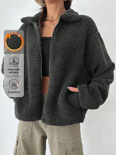 EURMUSE Women's Plain Long Sleeve Fleece Zip-Up Casual Regular Jacket