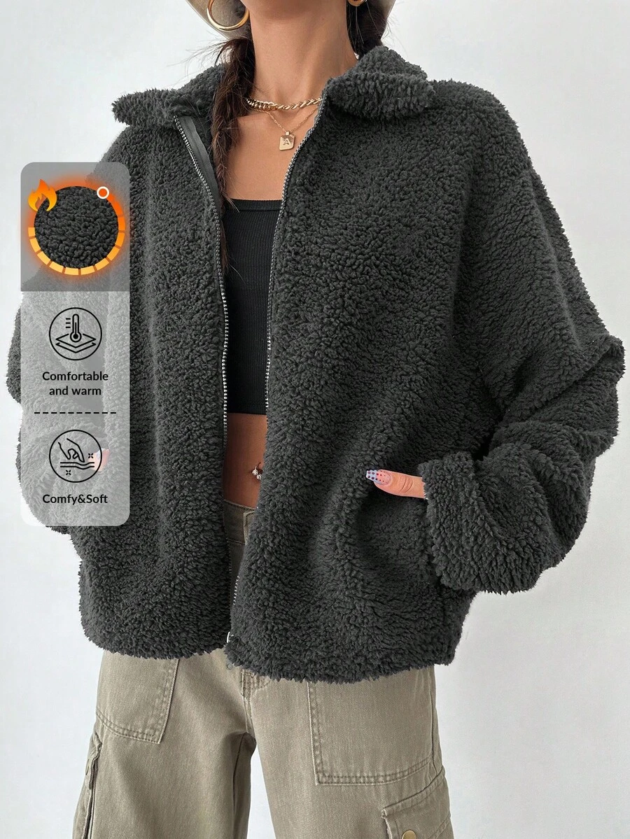 EURMUSE 女式纯色长袖羊毛拉链休闲常规夹克 - 深灰色 - 查看 1