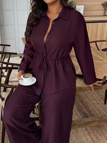 Weeklong 2pcs Women Cinched Waist Curved Hem Front Long Back Short Shirt Set - Burgundy - View 4