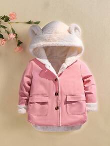 少女前扣连帽羊毛保暖夹克 - 粉色 - 查看 1