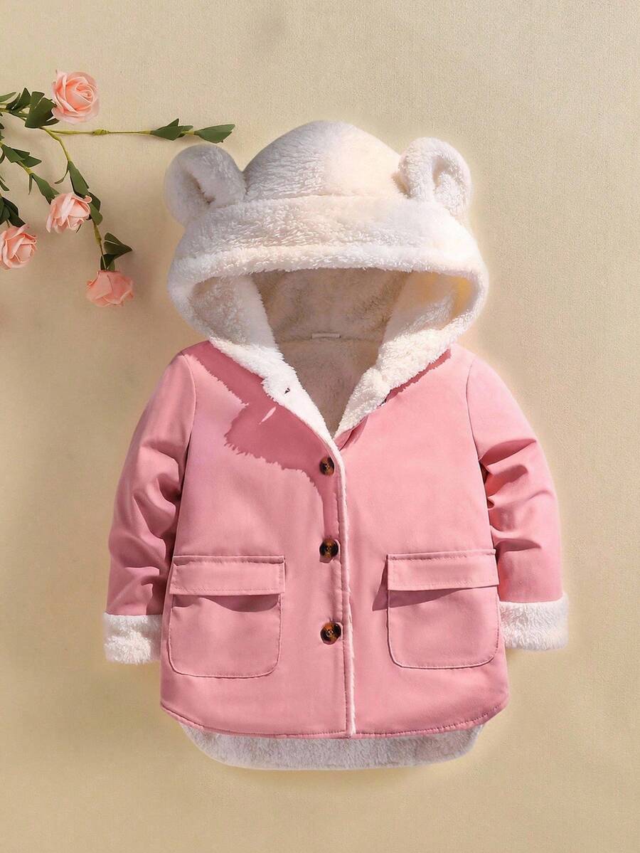 少女前扣连帽羊毛保暖夹克 - 粉色 - 查看 1
