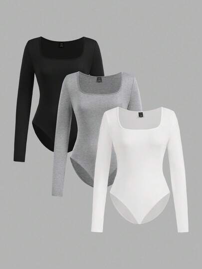 SHEIN EZwear 3 pezzi Completo da donna con scollo quadrato, maniche lunghe e vestibilità aderente, adatto per l'autunno/inverno