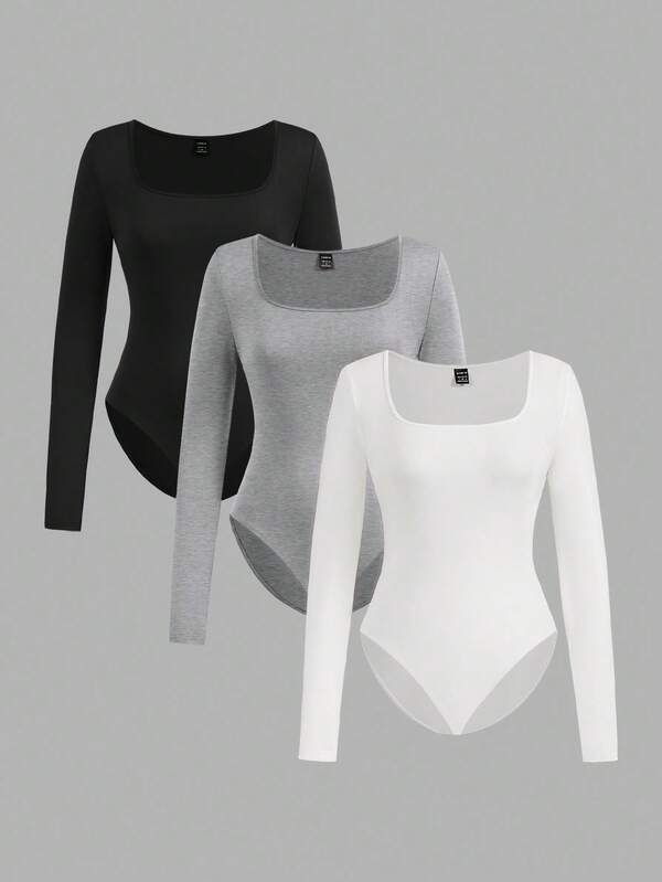 SHEIN EZwear 3pcs Women Square Neck Long Sleeve Tight Fitting Outfit, Suitable For Autumn/Winter,Fall,Black Bodysuit
