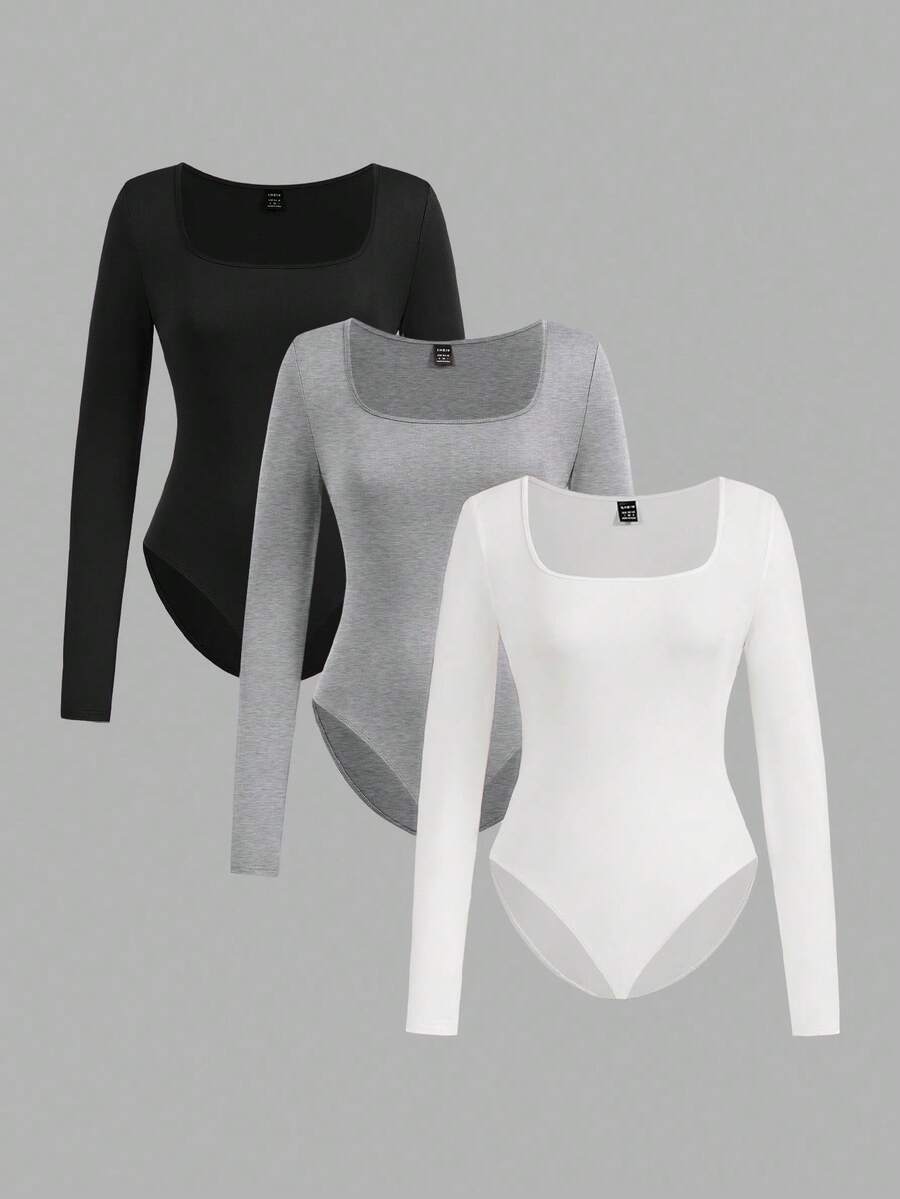 SHEIN EZwear 3 件套女士方领长袖紧身连衣裙,适合秋冬季 - 彩色 - 查看 1