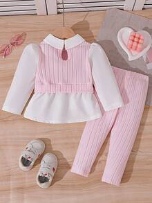 Souflis Souflis Baby Girls' Fashion Ribbed Patchwork Long Sleeve Collared Shirt And Ribbed Pink Pants Set Fall Winter - Pink - View 2