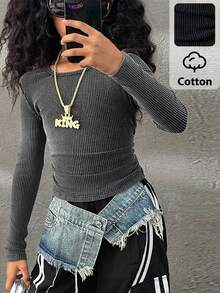 Coolane Kids 少女秋季街头风纯棉长袖修身水洗T恤，休闲运动日常必备单品，适合万圣节、圣诞节等冬季穿着。 - 黑色 - 查看 2