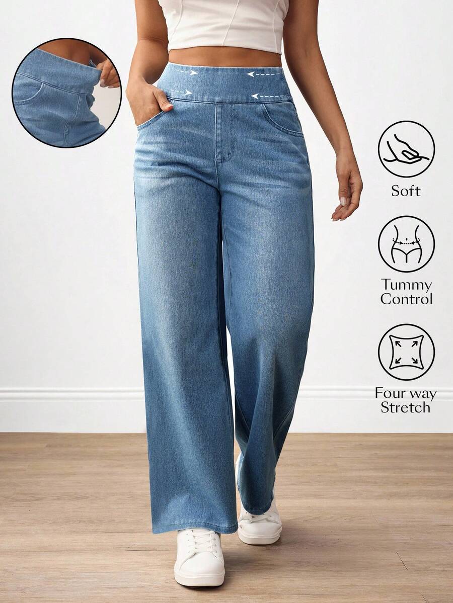 Flexra Jeans droits taille haute confortable avec ceinture et poches en biais, polyvalents et pratiques pour les femmes de grande taille - Bleu azur - Voir 1