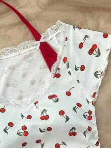 SHEIN BASICS 女式复古红白樱桃印花蕾丝领拼布撞色露背 T 恤，可爱蝴蝶结装饰 2 合 1 芭蕾风格可爱午餐休闲返校夏季上衣