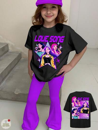 SHEIN Leap Crew 青少年女孩休闲时尚可爱动漫图案短袖上衣和裤子两件套，夏季