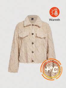 SHEIN MOD 卡其色复古休闲保暖内衬秋冬外套，翻领纽扣闭合，适合返校、学院风、教师装、休闲、可爱、通勤等场合。 - 卡其色 - 查看 1