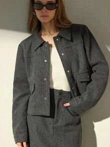 Aveloria Modichic 2pcs Women Dragon & Phoenix Decor Collar Pocket Long Skirt Set - Dark Grey - View 4