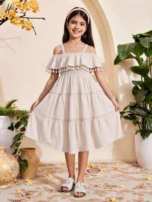 SHEIN Tween Girl Cold Shoulder Ruffle Hem Cami Dress - Apricot - View 3