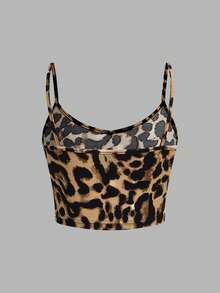 SHEIN EZwear 3 件套女士休闲简约豹纹印花套装 - 短款上衣、吊带背心、短裤、夏季 - 彩色 - 查看 6