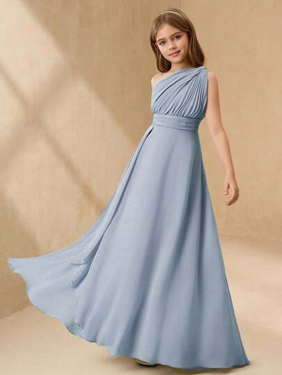 SHEIN Tween Girls Elegant Flower Girl Dress For Wedding, Ruffled Chiffon Shawl Mid-Calf Length Formal Gown For Tween Girl, Princess Style Puffy Fall Winter