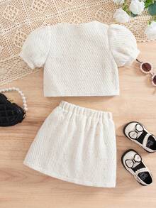 SHEIN 年轻女孩优雅白色粗花呢3D花卉泡泡袖夹克和裙子套装 - 白色 - 查看 3