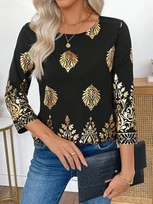 EMERY ROSE 女士节日箔花印花圆领七分袖时尚衬衫 - 黑色 - 查看 3