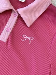 少女玫瑰红和粉色休闲个性撞色领罗纹针织纽扣修身连衣裙，夏季连衣裙，蝴蝶刺绣粉色连衣裙学院风连衣裙 T 恤连衣裙 Polo 衫连衣裙粉色 Polo 衫连衣裙