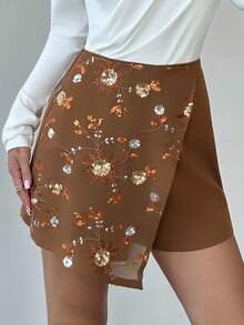 Firerie Falda-pantalón casual y elegante de patchwork marrón con bordados y cuentas, ideal para vacaciones, festivales de música, uso diario y urbano. Cintura baja, corte recto y suelto, adecuada para otoño/invierno, ropa de mujer, vuelta al colegio - Marrón - Ver 5